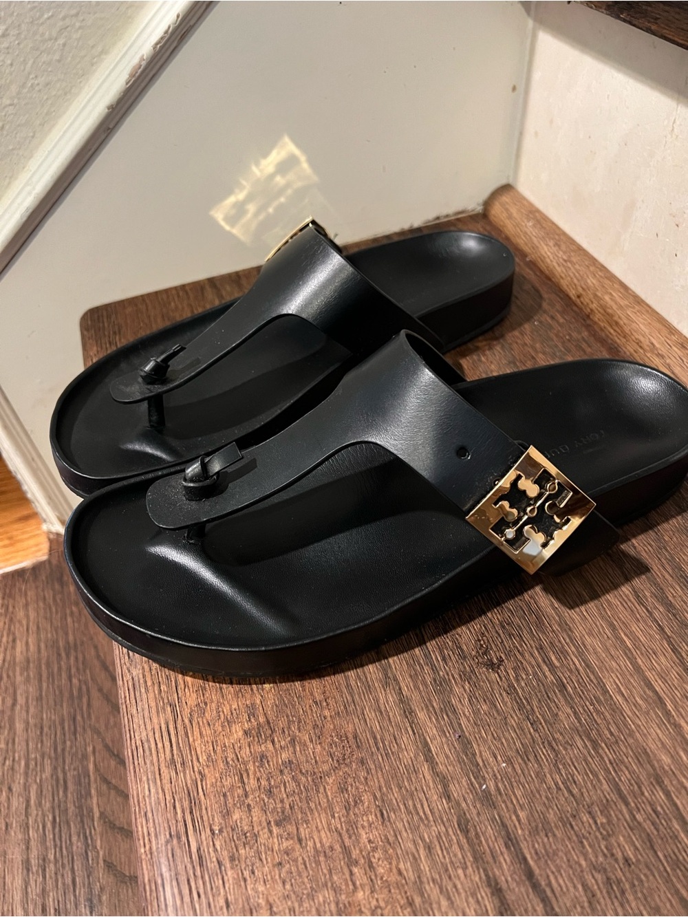 Tory Burch Black Sandal with Gold Logo Accent - Picture 2 of 5